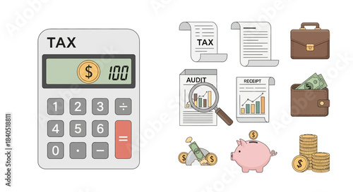 Illustrated tax and finance icon set with calculator, audit documents, briefcase, wallet, and piggy bank.