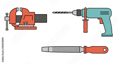 Illustration of a Bench Vise, Drill, and File Hand Tools.