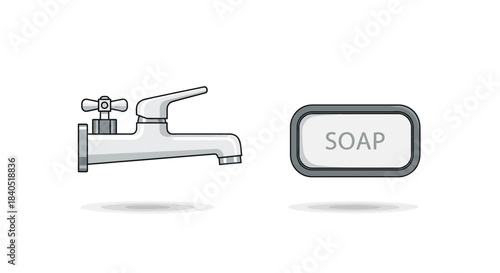 Illustration of a faucet and a bar of soap for hygiene.