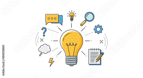 Illustration of a Light Bulb Surrounded by Idea-Related Icons.