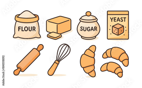 Bakery ingredient icon set, flour, sugar, yeast, flat vector illustration