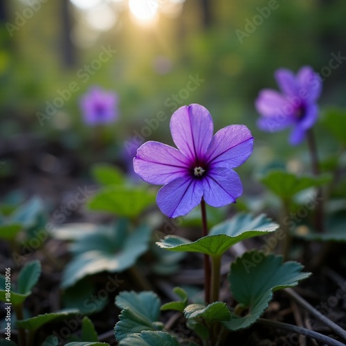 AI generated Detailed closeup of fragile blossoms bathed in gentle light amidst forest