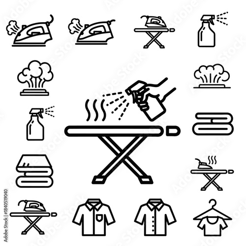 Ironing and laundry service line art icon set with steam iron, spray bottle, and folded clothes.