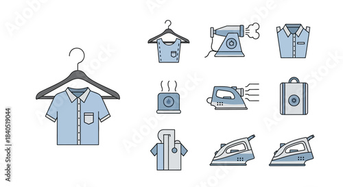 Ironing and Laundry Icons - Shirt on Hanger and Ironing Equipment.