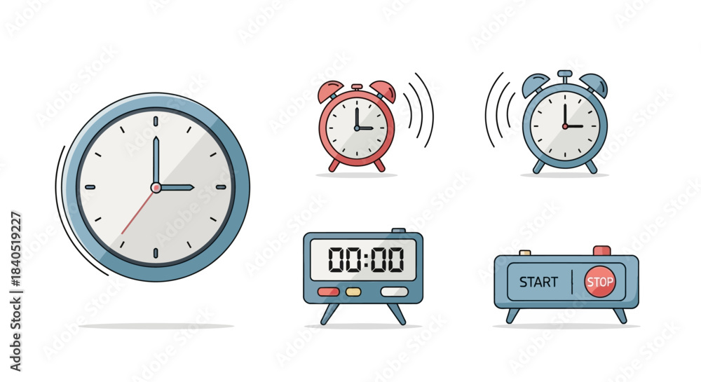 Obraz premium Illustrated collection of analog and digital clocks and timers, featuring ringing twin-bell alarms and a stopwatch.