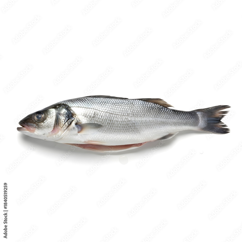 Fototapeta premium Fresh Whole Sea Bass, Gutted and Cleaned, Isolated on White Background with Studio Lighting, Raw Seafood Photography, Ready to Cook.