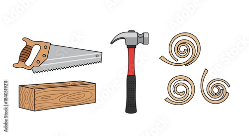 Illustrated Carpentry Tools and Wood Elements - Hand Saw, Hammer, Block, and Shavings.