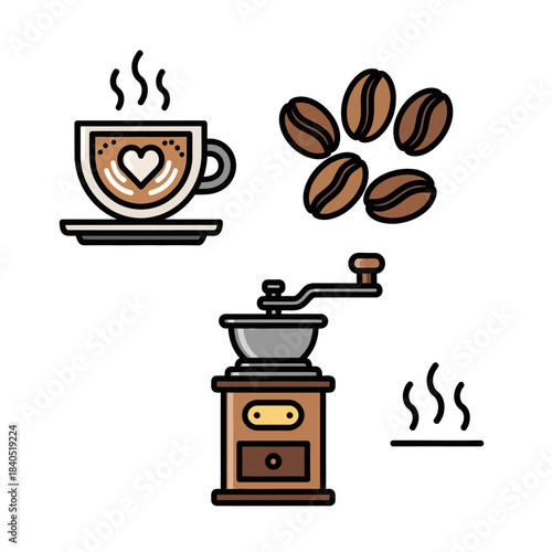 Illustrated coffee icons - steaming cup with heart latte art, roasted beans, and vintage grinder.