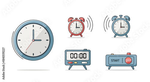 Illustrated collection of analog and digital clocks and timers, featuring ringing twin-bell alarms and a stopwatch.