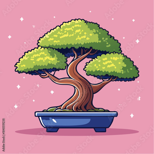 Cartoon bonsai tree in a blue pot against a pink background with sparkles.