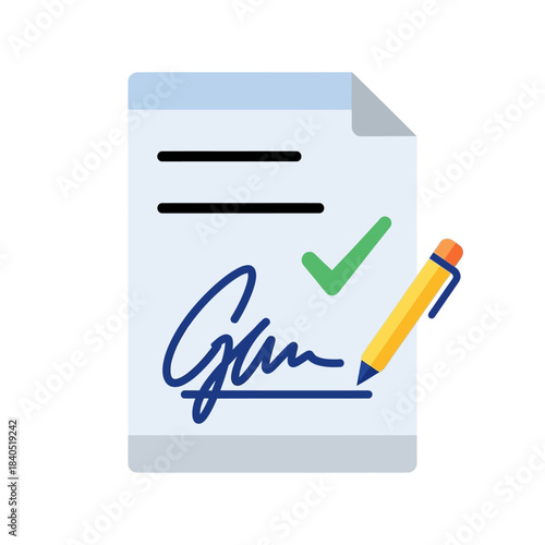 Illustrated Document with Signature, Check Mark, and Yellow Pen, Ready to Sign.