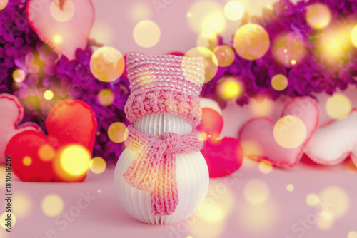 Cute greeting card for Valentine's or Mothers Day. Snowman with handmade hearts and lilac flowers