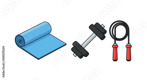 Illustrated fitness equipment set with blue yoga mat, silver dumbbell, and red jump rope.