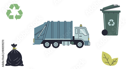 Illustrated Garbage Truck with Gray Body and White Cab, Side View, Clean Design.