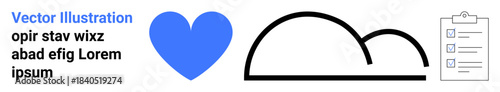 Love, cloud technology, organization, task management, digital communication, productivity. Blue heart next to a cloud and checklist clipboard. Love and cloud technology concept