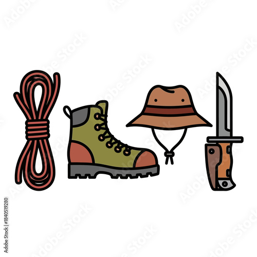 Illustrated Green Hiking Boot with Red Accents, Black Laces, and Gray Sole.