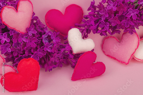 Cute greeting card for Valentine's or Mothers Day. Handmade felt hearts and lilac flowers