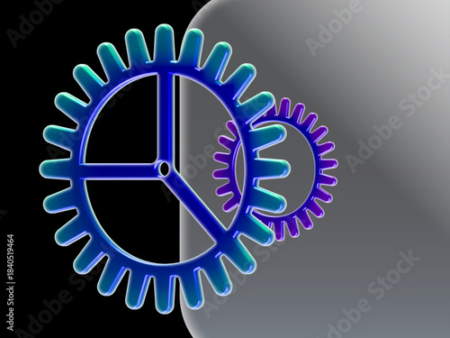 Glossy Neon Glow Gear Icon with Interlocking Cogs on Black Background. 3D Rendered Mechanical Settings Symbol for Technology, Engineering, Automation, and System Preferences Designs