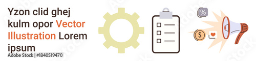 Business planning, productivity, communication, advertisement, marketing strategy, workflow. Gear, checklist and megaphone with icons. Marketing and workflow concept