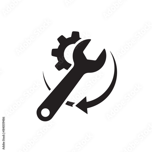 Adjustable Spanner and Gear in Modern Minimalist Design with Simple Black Silhouette for Technical Illustration