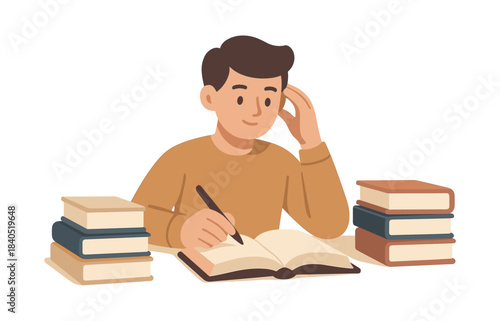 Student studying with books, flat vector illustration, education, learning, scholar