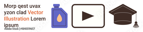 Education, online learning, video services, graduation, healthcare, medicine. A bottle, play button and graduation cap. Education and online learning with healthcare concept visuals