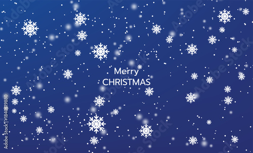 Festive background with falling white snowflakes and snow dust on a red or blue gradient, featuring central "Merry Christmas" text. Ideal for holiday cards, banners, and winter season greetings.