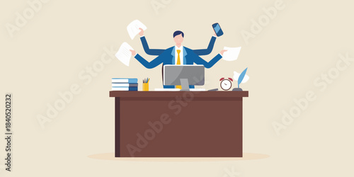 Overwhelmed businessman juggling multiple tasks at a busy office workspace