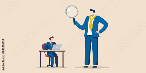 A large business man is inspected by a smaller colleague with a magnifying glass