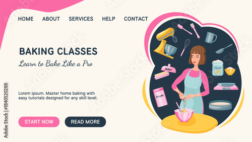 Vector baking classes banner with a woman, beaten eggs into a bowl to prepare dough,  kitchen tools and ingredients. Baking background for bakery ads, dessert recipes, cooking classes, and food blogs.