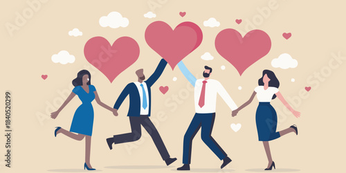 Joyful people celebrating love and connection with floating hearts in the air