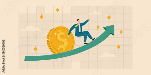 A businessman climbs an arrow atop a large gold coin signifying growth