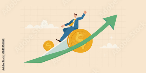 A businessman rides a coin along a growing arrow symbolizing financial success