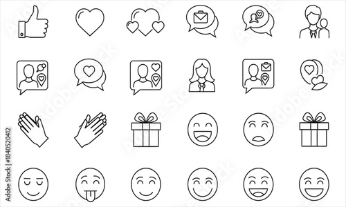 Social Media Icons: A collection of various outline icons on social media, encompassing themes like likes, hearts, messages, users, love, applause, gifts, and emotions.