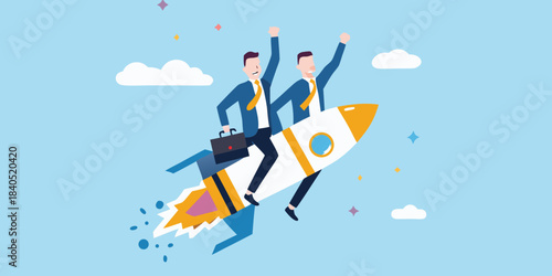 Business professionals riding a rocket ship symbolizing success and rapid growth