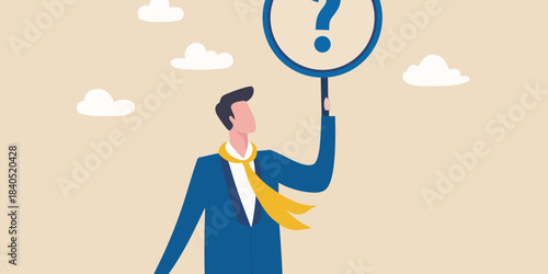 A man looking through a magnifying glass with a question mark inside