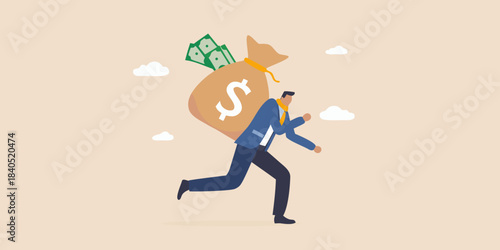 A businessman runs with a large bag of money escaping with wealth
