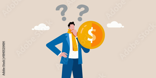A businessman ponders a financial question mark with a dollar sign