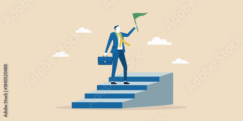 A businessman reaching the top of stairs planting a success flag