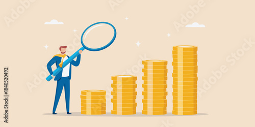 Analyzing financial growth a man examines increasing stacks of gold coins