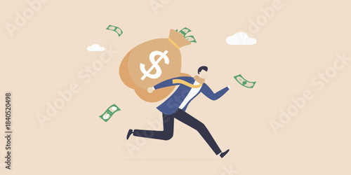 A businessman runs with a bag of money dropping bills behind him