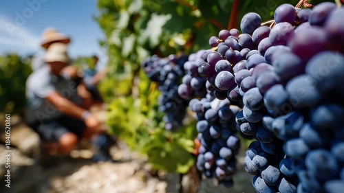 Close up of ripe grapes in vineyard with workers harvesting