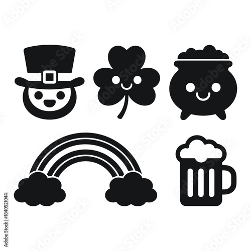St. patrick's day icons: leprechaun, clover, pot of gold, rainbow, beer mug