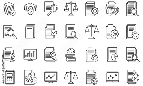 Legal and Financial Documents Icons: A comprehensive set of neatly arranged document icons, encompassing various symbols of the legal and financial sectors, ready for professional use.
