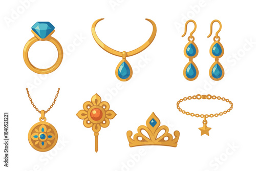 Jewelry collection, rings, necklaces, earrings, flat vector illustration