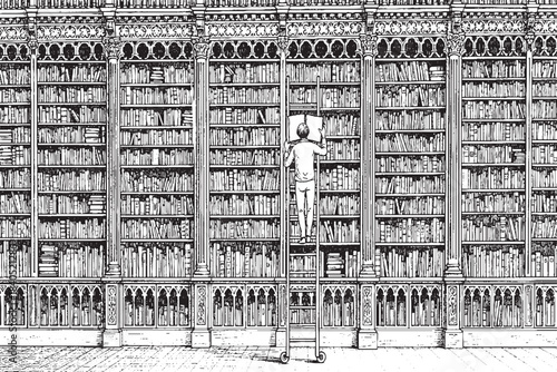 Vintage Library Illustration with Ladder and Bookshelves