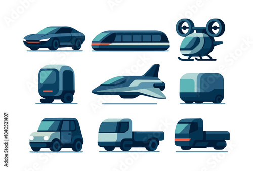 Futuristic vehicles, flat vector illustration, cars, drones, trains
