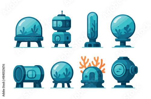 Underwater domes and aquariums, aquatic habitat designs, flat vector illustration