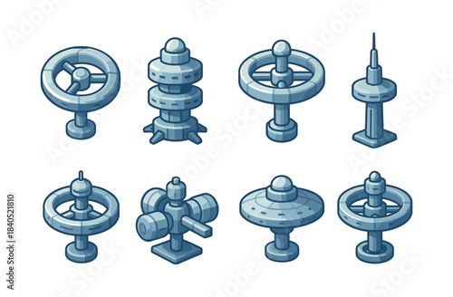 Futuristic spacecraft designs, flat vector illustration with spaceships and stations