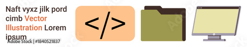 Coding, file sharing, web development, digital workflow, data management, organization systems. Symbols include code brackets, a file folder and a computer screen. Coding and file sharing concepts